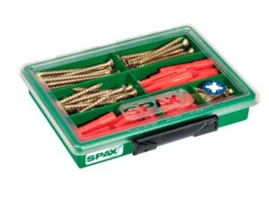 SPAX Surtidos pequeño, Kit de tornillos con 4 dimensiones + Taco, 130 unidades, Cabeza plana, Ranura en cruz Z, YELLOX - 4000001991079